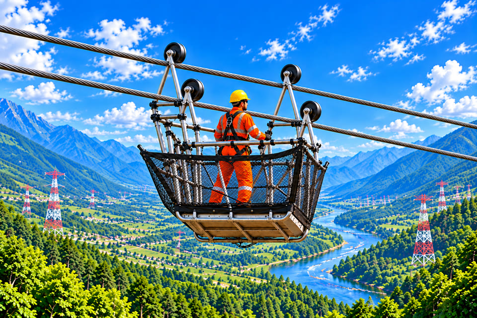 SpacerXRider artwork of a helmeted worker in a cable trolley above a green valley